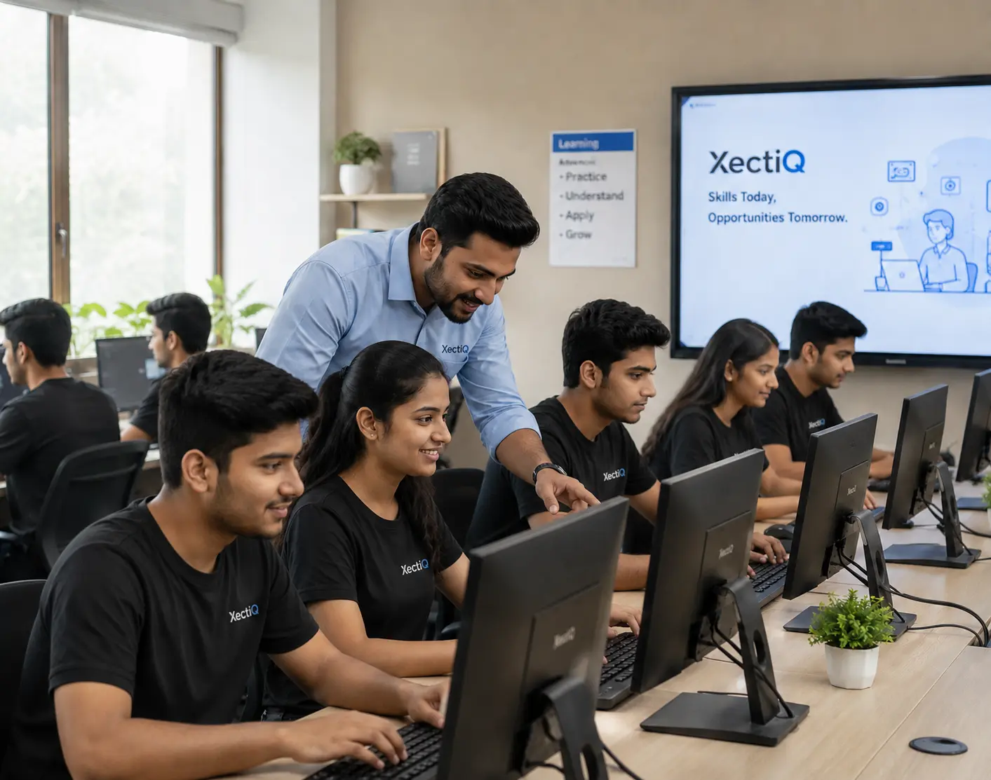 Students learning computer skills in a modern XectiQ education environment
