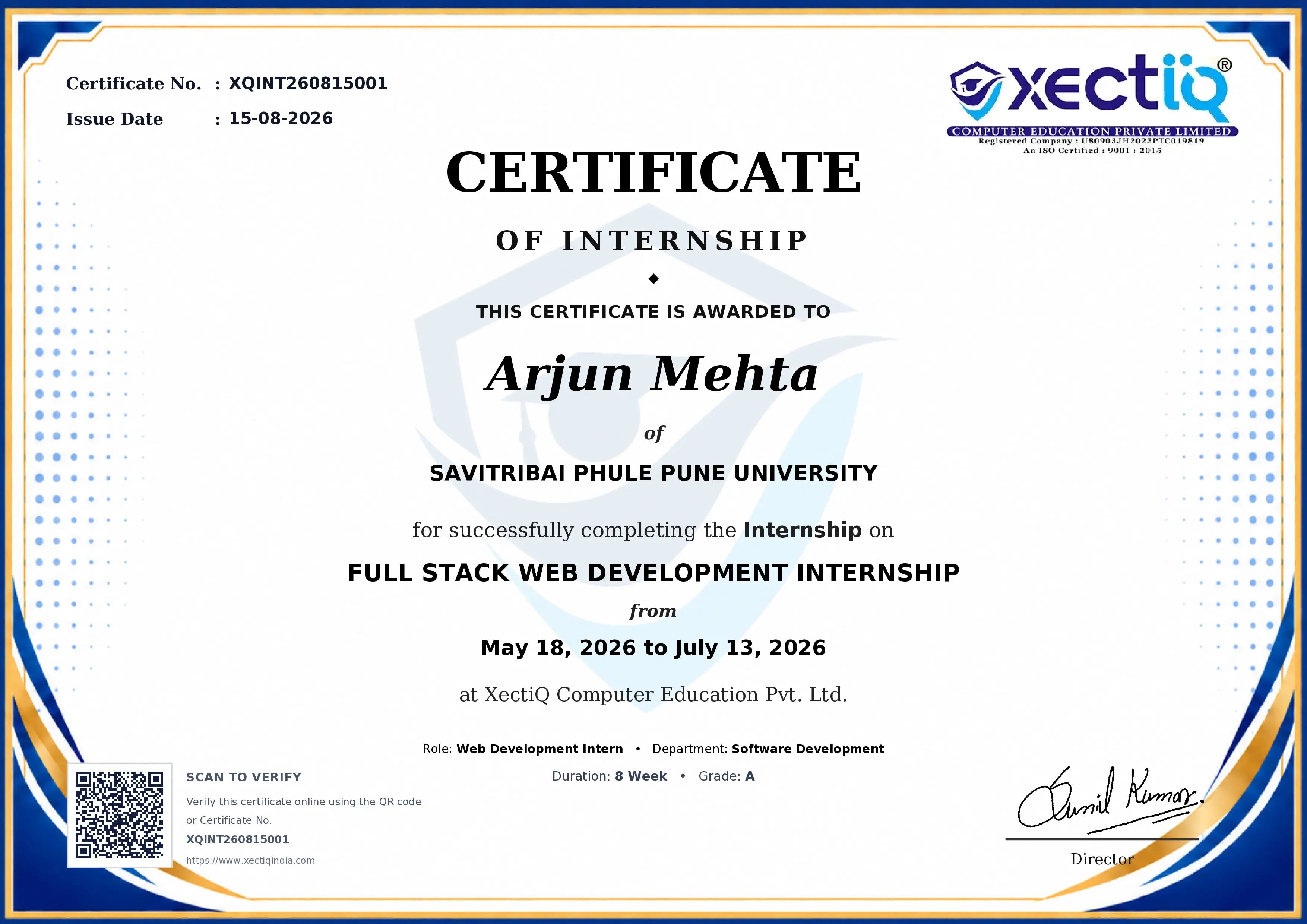 Sample XectiQ Internship certificate